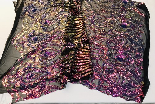 RAINBOW IRIDESCENT DAMASK SEQUINS DESIGN ON A 4 WAY STRETCH BLACK MESH-BY YARD. - Picture 7 of 8