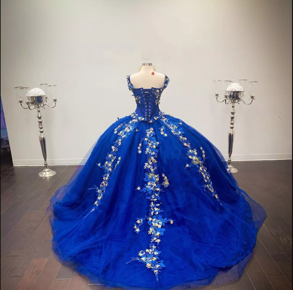 Blue Off Shoulder Dress 15th 3D Floral Formal Birthday Luxury Ball Gown main image 1