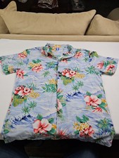 Vintage RJC Mens Hawaiian Shirt L Blue Hibiscus Palm Tree Tropical Made in USA L