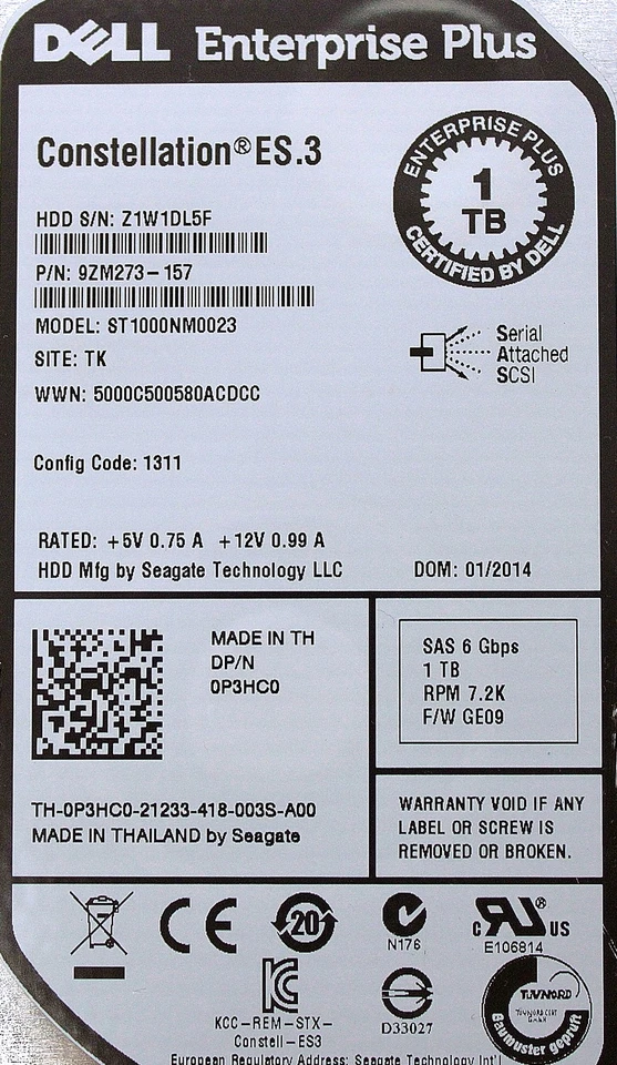 Dell P3HC0-EQL 1TB 7.2K SAS 3.5 6G EP+ HDD EqualLogic PS6100 Tray Hard Drive - Image 2 of 4