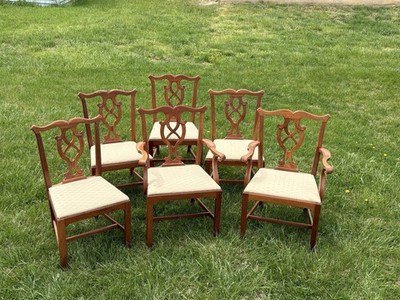 Chippendale Carved Cherry Wood Dining Chairs, Set of Six