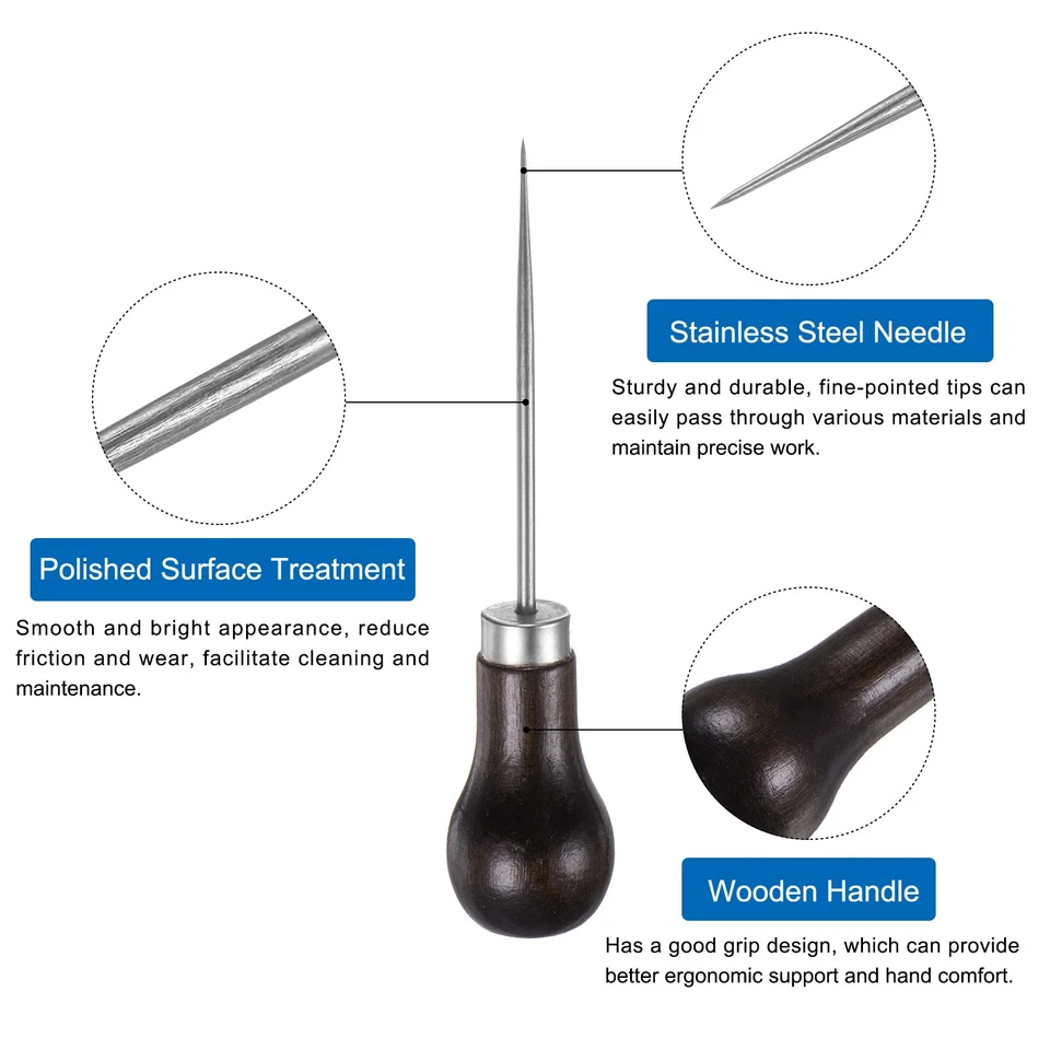 Handwork Sewing Awl Single Gourd Punch Hole Tool with Wooden Handle, Dark Brown Foto 4 de 4