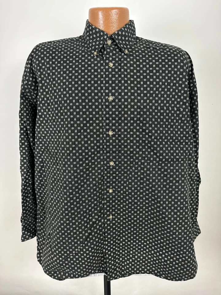Vintage 90s Geometric Shirt Men L TALL Button Down Check Peached Natural Issue - Image 2 of 4