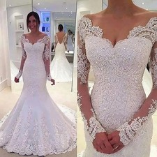 Shoulderless Mermaid Long Sleeved V-neck Wedding Dress Lace Decal Bridal Gown