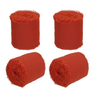 4 Rolls 1.5 In x 5 Yd Handmade Fringe Silk Chiffon Ribbon, Rust Red