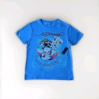 Men's L Blue Ed Hardy T-Shirt ''Death or Glory'' Skull Short Sleeve Crew Neck NWT