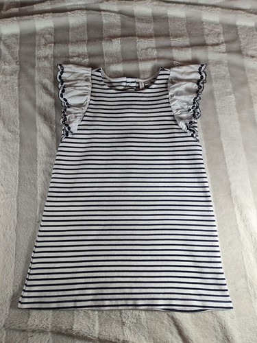 Janie and Jack Classic Blue White Striped Eyelet Sleeve Ponte Knit Dress Girls 6