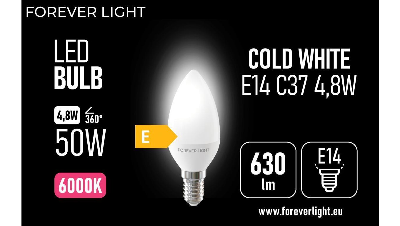 5907504518992 arówka   E14 C37 4,8  630lm 6000K klasa E Forever Light TELFORC