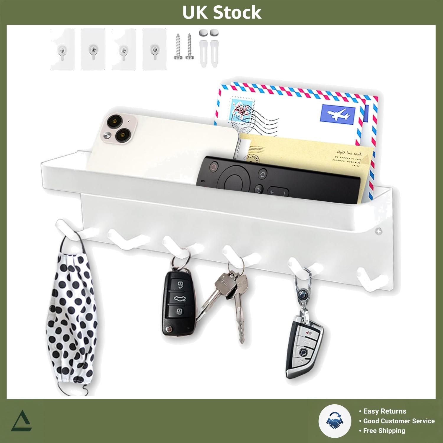 Versatile Wall-Mounted Key and Mail Holder with 6 Hooks for Home Organization
