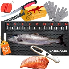 Fish Fillet Mat Kit with Fish Ruler Decal and Fillet Knife, Cutting Gloves. Larg