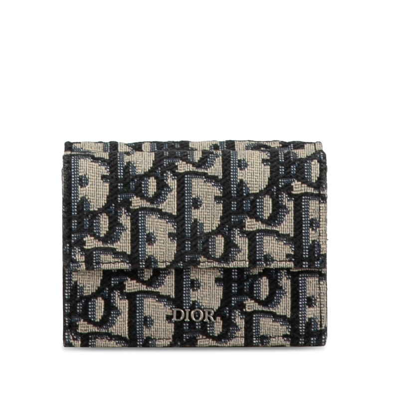 Dior Oblique Navy Beige Canvas Leather Trifold Wallet for Women