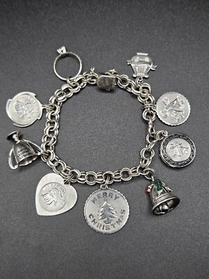 Charmes Bracelet Argent Sterling Vintage - Thème église, Mariage, Amour - Occasion