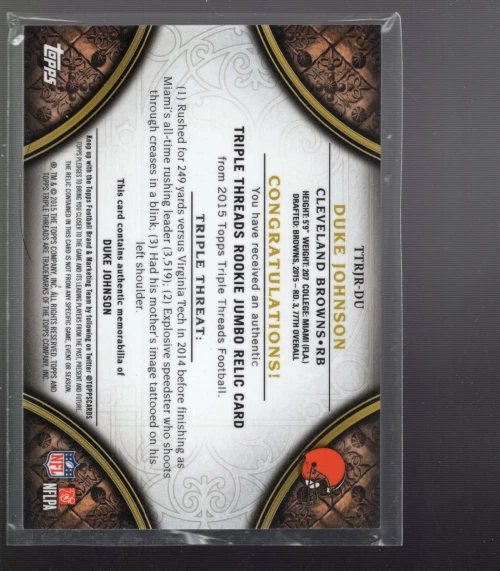 A4154- 2015 Topps Triple Threads Rookie Jumbo Relics Purple Duke Johnson /75 - Image 2 of 2