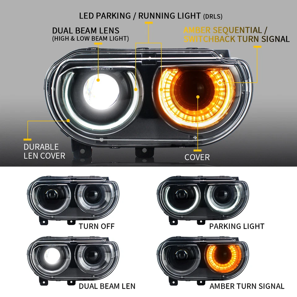 2* VLAND LED Headlights Fit 2008-2014 Dodge Challenger w/Sequential Front Lamps - Image 3 of 4