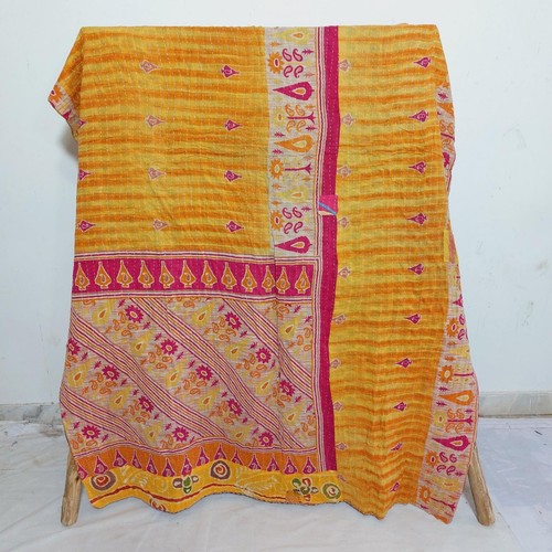 Vintage Kantha Handmade Quilt Yellow Bedspread Throw Cotton Blanket Ralli Gudari