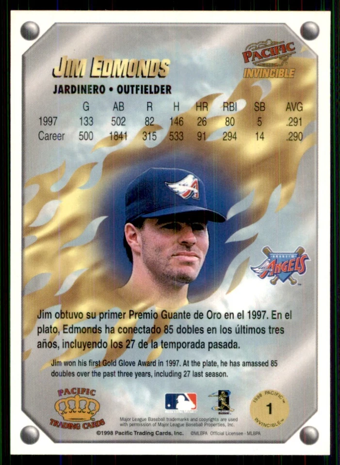 1998 Pacific Invincible Gems of the Diamond Jim Edmonds Anaheim Angels #1 - Image 2 of 2
