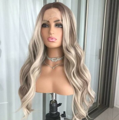 Brown Blonde Ombre Wig HD Front Lace Human Hair Blend Highlights  Wavy Curly