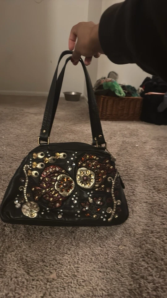 Rara Bolsa de Peixe Vintage Mary Frances Deep Sea Connection Couro Preto Frisado - Imagem 2 de 4