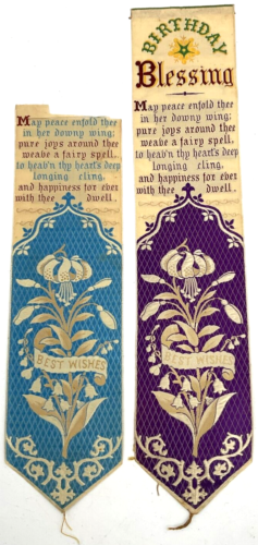 Antique 1890s Birthday Blessing Bookmark Silk T. Steve’s Coventry Lily Valley - Afbeelding 1 van 8