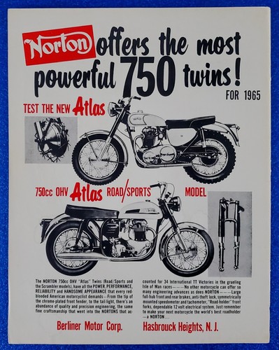 1965 NORTON VINTAGE 750cc MOTORCYCLE ATLAS TWIN ROAD-SPORT & SCRAMBLER PRINT AD