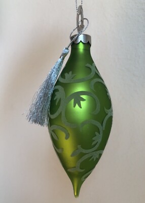 GREEN GLASS CHRISTMAS ORNAMENT VELVET FLOCKED TEARDROP HEAVY