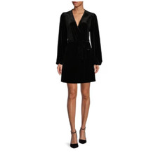 Gianni Bini Leighton Black Velvet Surplice long sleeve Wrap Dress Size XS, S