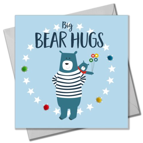 Biglietto per la festa del papà, orso papà, abbracci orso grande, impreziosito da pompon colorati - Foto 1 di 4