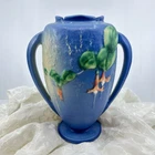 Vintage Roseville Blue Fuchsia Vase Handled Art Deco Shape 897-8 Circa 1939
