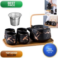 Jusalpha Serve Of 4-Marble Porcelain Teapot Set Infuser For Loose Tea, Black
