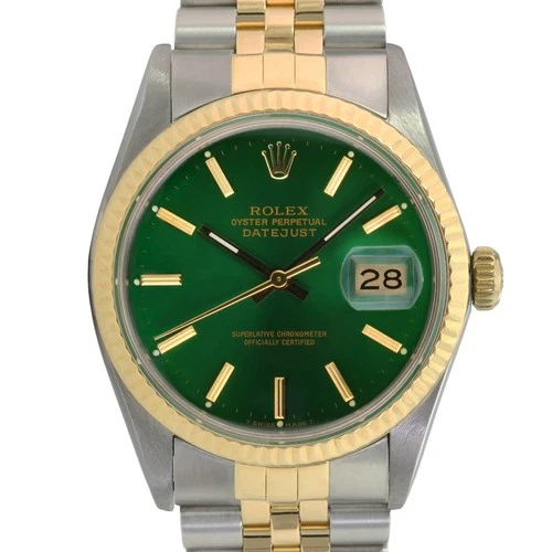Rolex Datejust 16013 36mm Mens Two-Tone Green Index Dial Fluted Jubilee Watch