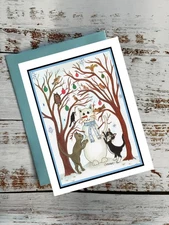 Christmas Snowman Kitty, Cats building a snow cat, Holiday NoteCard, Item #0102