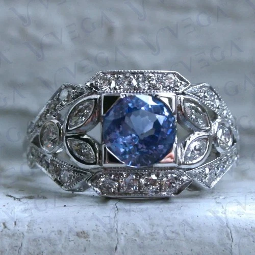 5.0Carat Round Cut Natural Sapphire & Diamond Art Deco Ring 950PT Solid Platinum