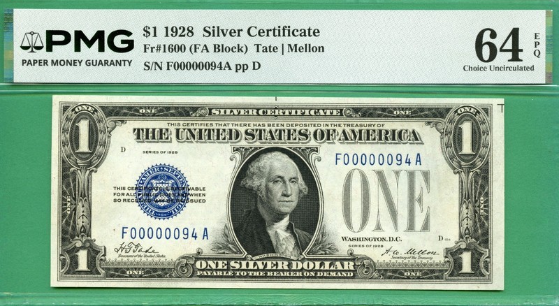 LOW 2 DIGIT & 2 of 3 CONSECUTIVE - F 00000094 A - 1928 $1 SC - PMG CU 64 EPQ
