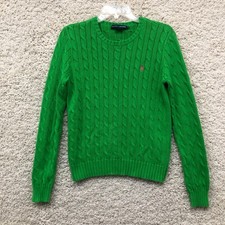 Ralph Lauren Sweater Medium Adult Green Cable Knit Crew Neck Pullover Pony Women