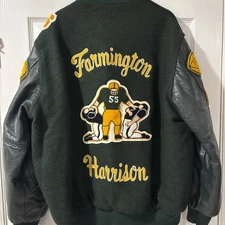 Vtg 90s Varsity state champ Letterman leather Jacket Wool Yellow Chain Stitch 2X