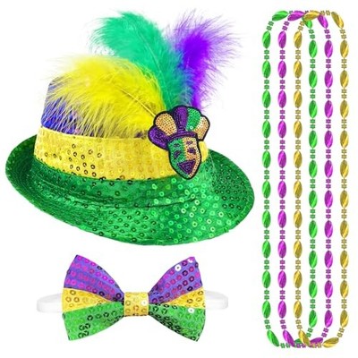 3PCS Mardi Gras Hat Sequin Fedora Hat, Mardi Gras Accessories Set Include