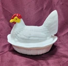 Vintage Fenton White Milk Glass Hen On Nest Covered Dish Hand Painted Chicken