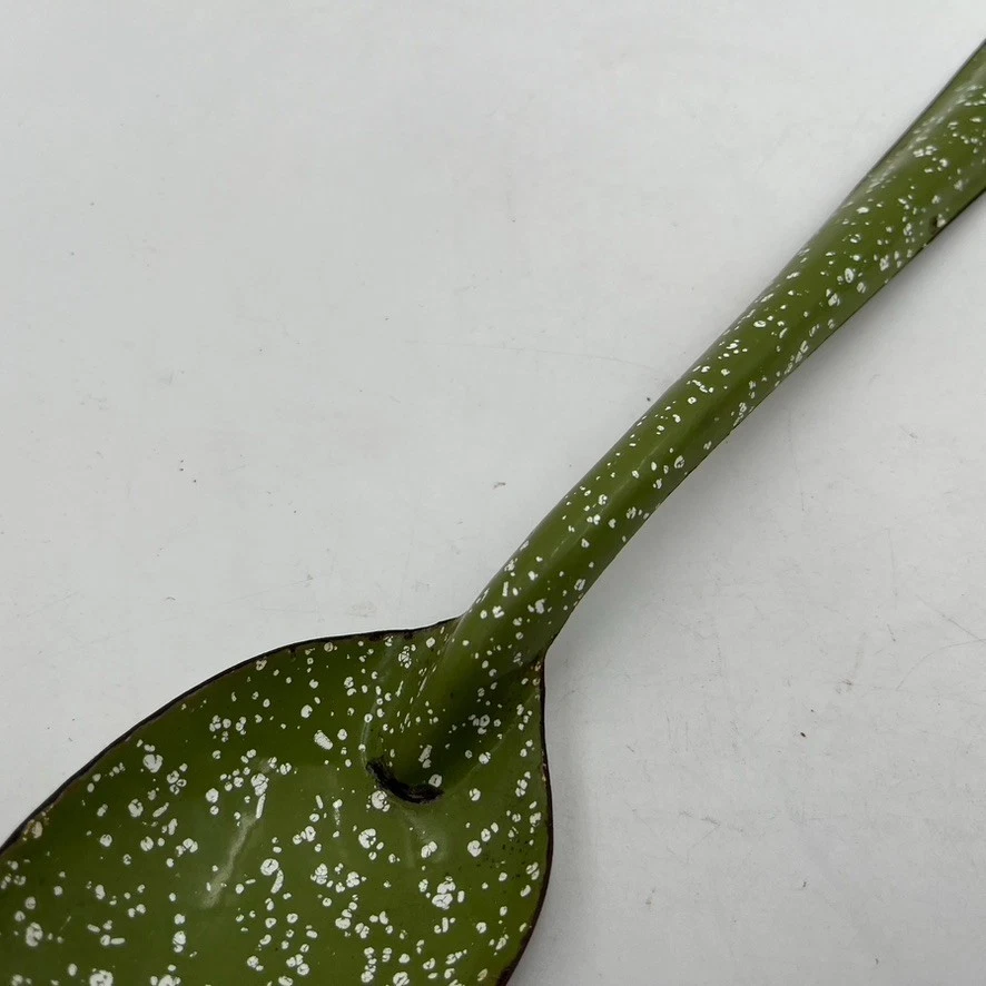 Vintage 14" Enamelware Green Speckled Cooking Serving Spoon Camping Farmhouse - Image 3 of 4
