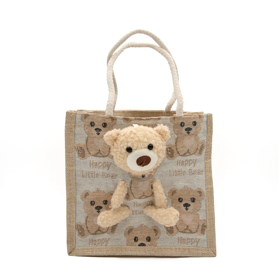 Bolso de mano para niños de vacaciones bolsa de regalo de Navidad con cremallera de yute, oso alegre, 8x8x4" Foto 3 de 4