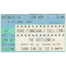 MIKE FINNIGAN & BILL LYNCH Concert Ticket Stub LAWRENCE KS 6/18/92 BOTTLENECK