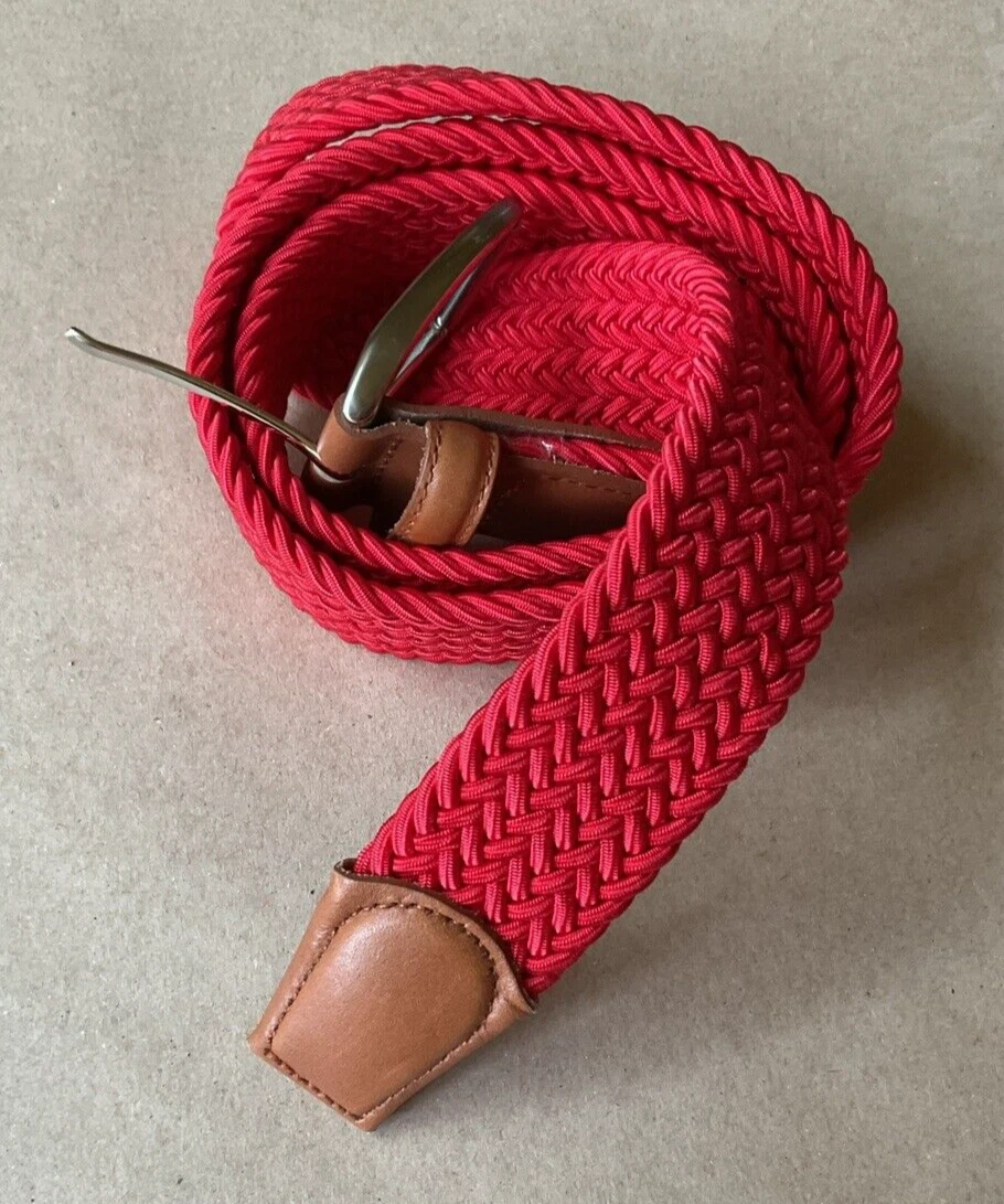 Brooks Brothers 346 Red Braided Woven Stretch Belt Brown Leather