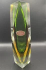 Vintage Green & Amber Faceted Murano  Art Glass Vase