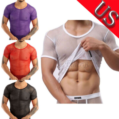 Men Mesh T-Shirt Tops Fishnet Short Sleeve See Through Undershirts Clubwear