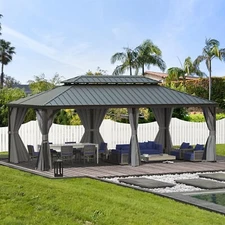 14' x 20' Outdoor Hardtop Double Roof Gazebo Aluminum Frame w/Sidewalls ,Gray