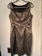 ANN TAYLOR cocktail sheath dress sz 8 sleeveless gold w/black gray flowers lined
