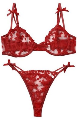 AnloveKiss Sexy Underwire Cute Push Up Strappy Embroidered Mesh Medium, Red 