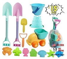 Long Shovels Sand Toys Set with Mesh Bag Including Dump Truck, Beach Buckets,