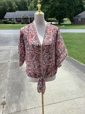 Beautiful Max Studio Women’s Floral Blouse Front Waist Tie Flutter Sleeve Size M