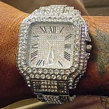 Cartier Santos Quartz Stainless Steel Pavé Dial Diamond Bezel Silver Bracelet
