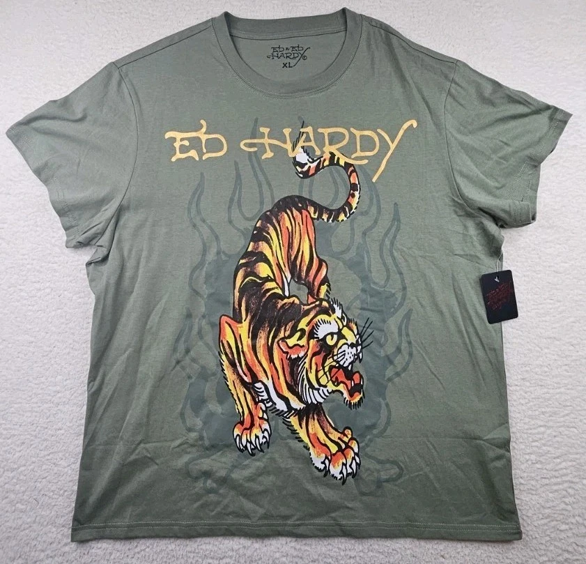 Ed Hardy Tiger Skull Mens XL Graphic Print Tattoo T-Shirt Olive Green